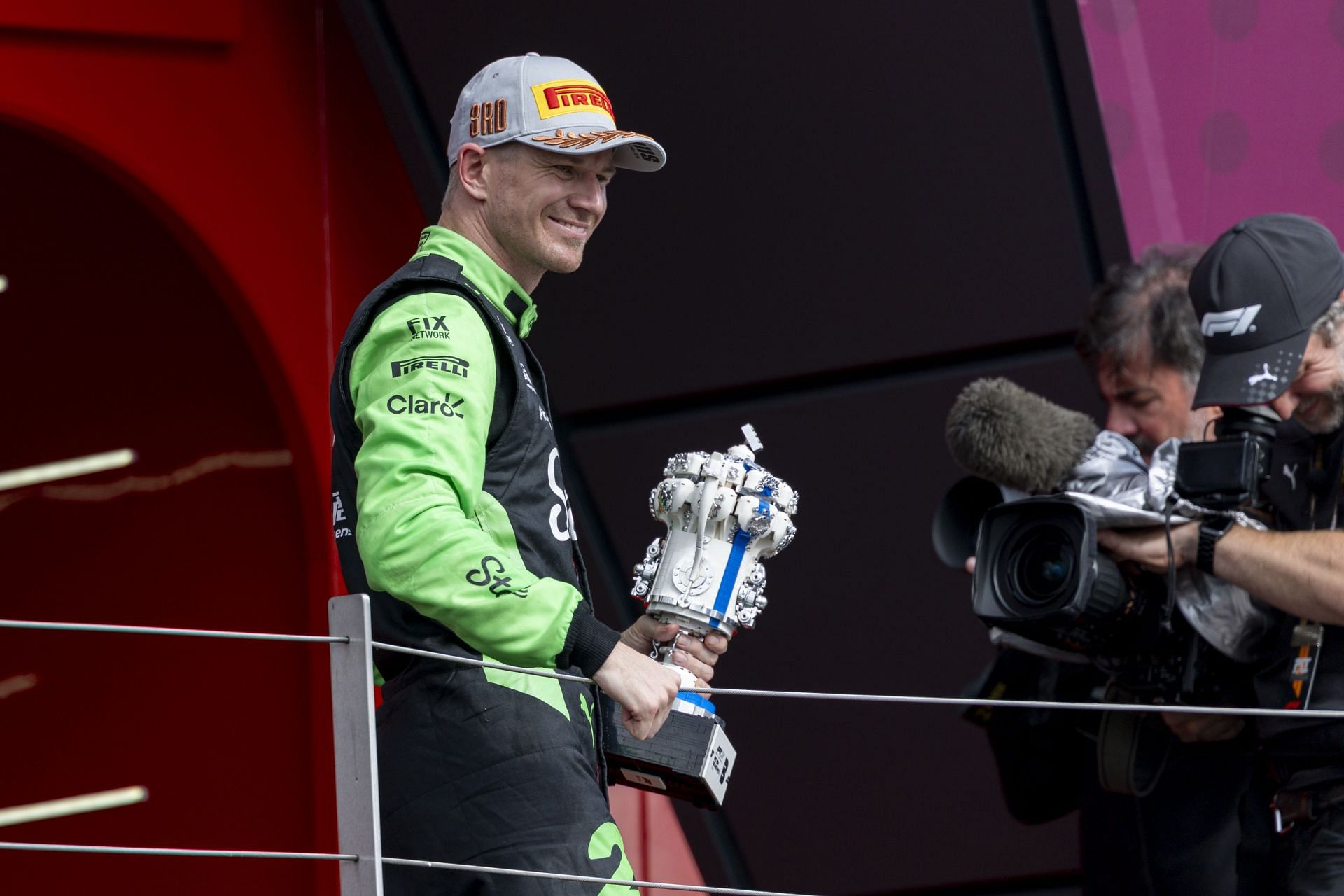 Nico Hulkenberg of Germany and Team Stake F1 Team Kick Sauber (27) celebrates his first podium at the British GP - Source: Getty Images